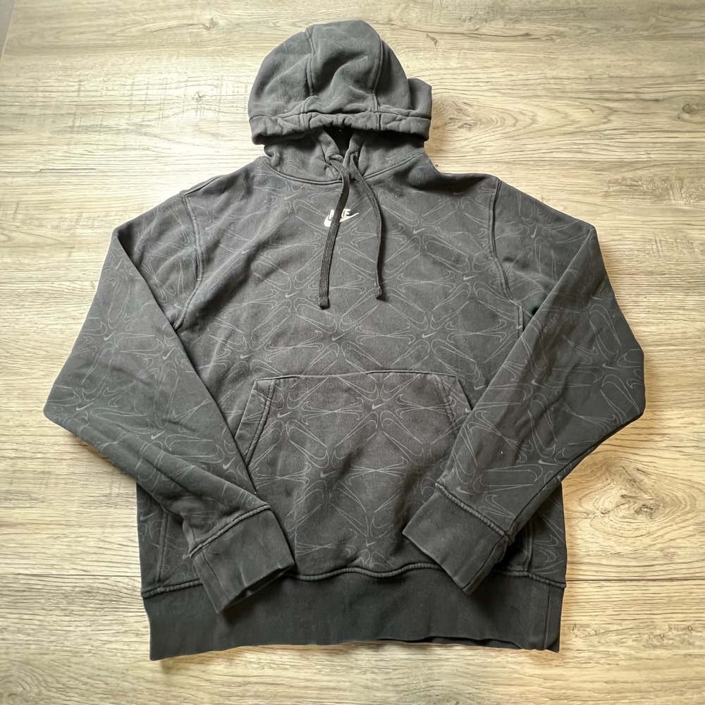 Nike Hoodie Mens Small Black All Over Swoosh Print Pullover Fleece AA49